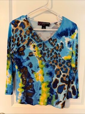 Peck & Peck Blue Multicolor V-Neck Long Sleeve Top